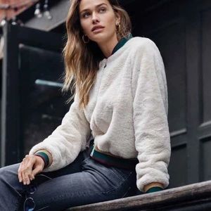 Nordstrom Elan Faux Fur Varsity Bomber Jacket Ivory Size Small